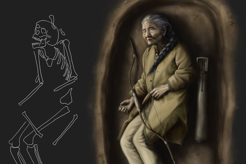 Illustration des Grabes und daneben eine Rekonstruktion der Bestatteten mit Bogen, Köcher und Pfeilen 0.9224