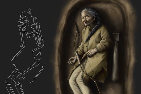 Illustration des Grabes und daneben eine Rekonstruktion der Bestatteten mit Bogen, Köcher und Pfeilen