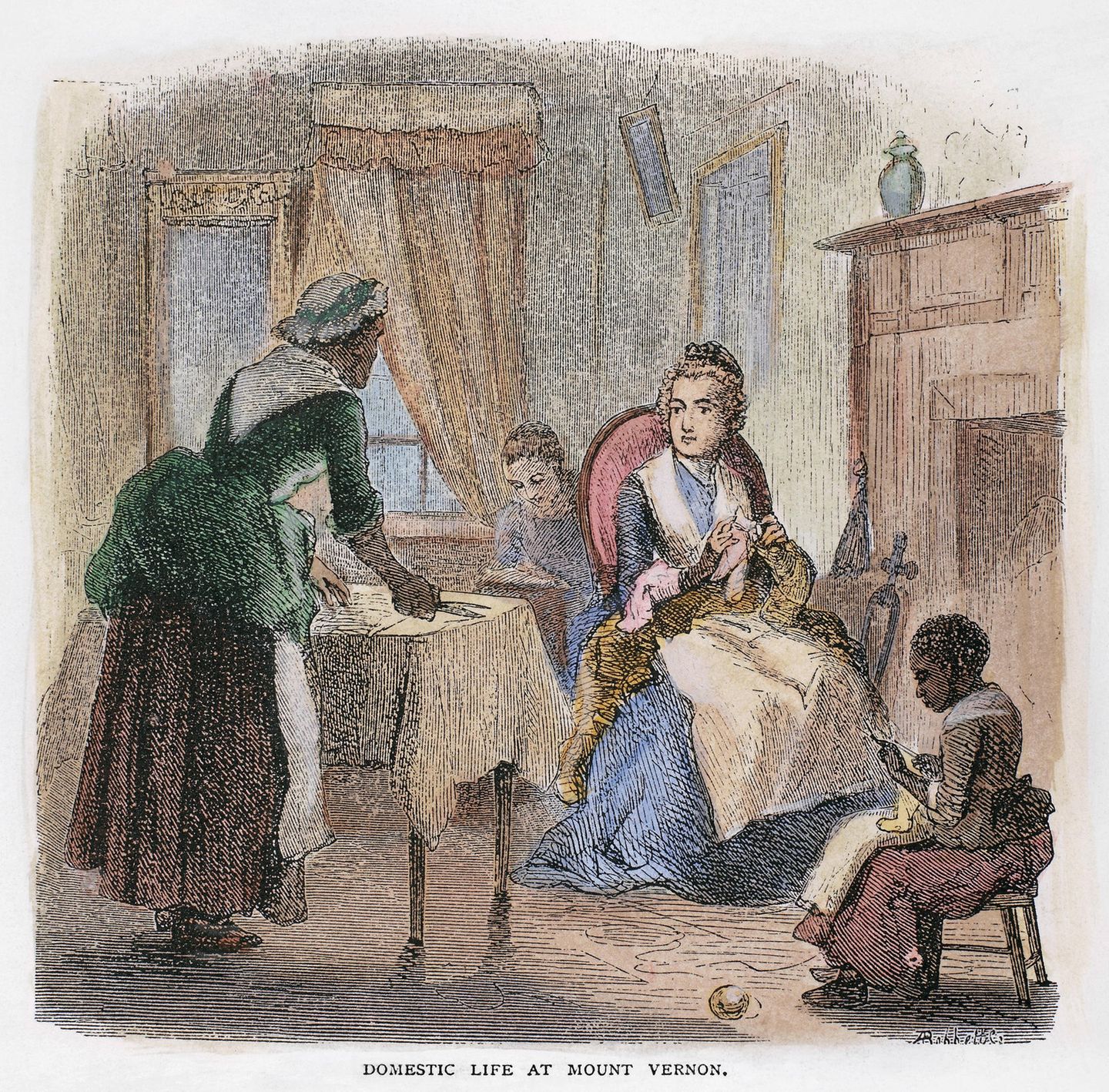 Holzdruck von der strickenden Martha Washington und zwei Sklaven