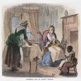 Holzdruck von der strickenden Martha Washington und zwei Sklaven