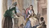 Holzdruck von der strickenden Martha Washington und zwei Sklaven