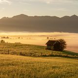 Eine Hütte in einer nebeligen Landschaft im Morgenlicht, im Hintergrund ein Bergpanorama