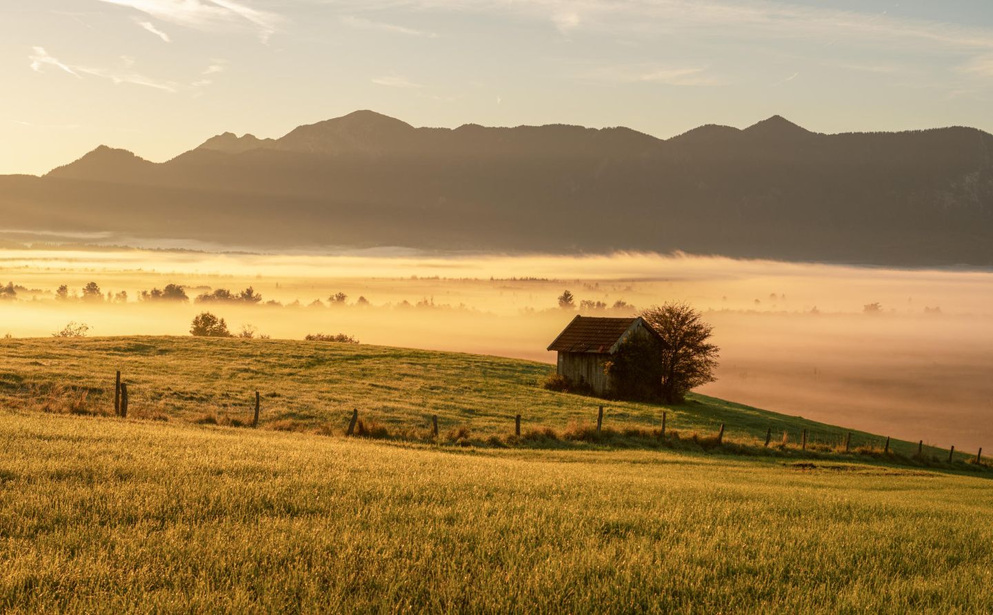 Eine Hütte in einer nebeligen Landschaft im Morgenlicht, im Hintergrund ein Bergpanorama