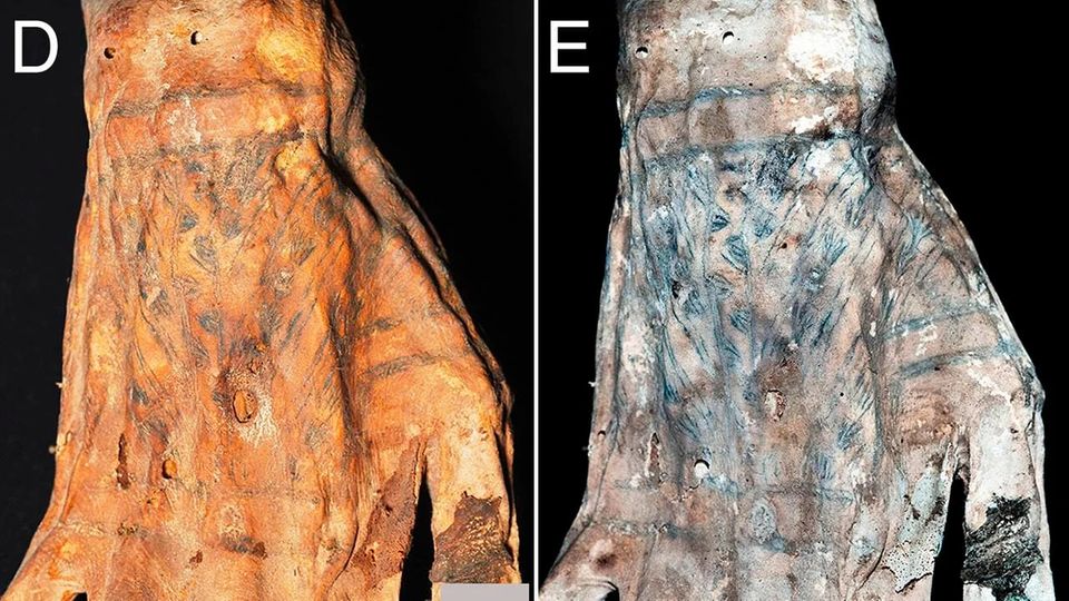 Die tätowierte Hand eines mumifizierten Chancay-Individuums unter Weißlicht (links) und LSF (rechts). 