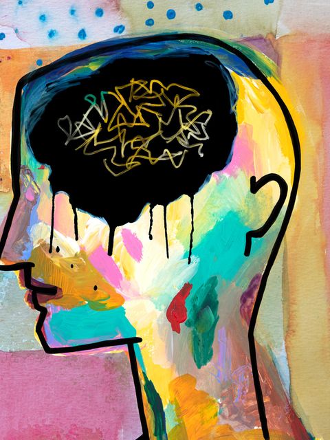 Abstraktes Bild mit einem bunten Kopf und schwarzem Gehirn