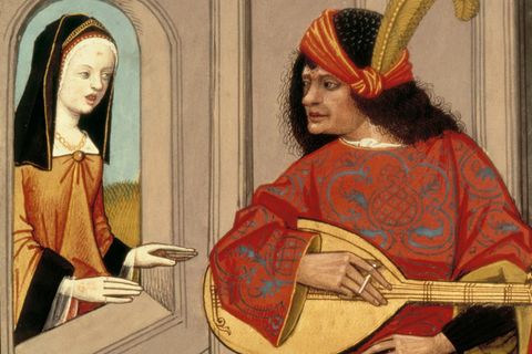 Ein Lautenspieler besingt eine Frau in dieser französischen Buchmalerei. Die Laute war in der Renaissance ein beliebtes Instrument, um den Gesang zu begleiten. 