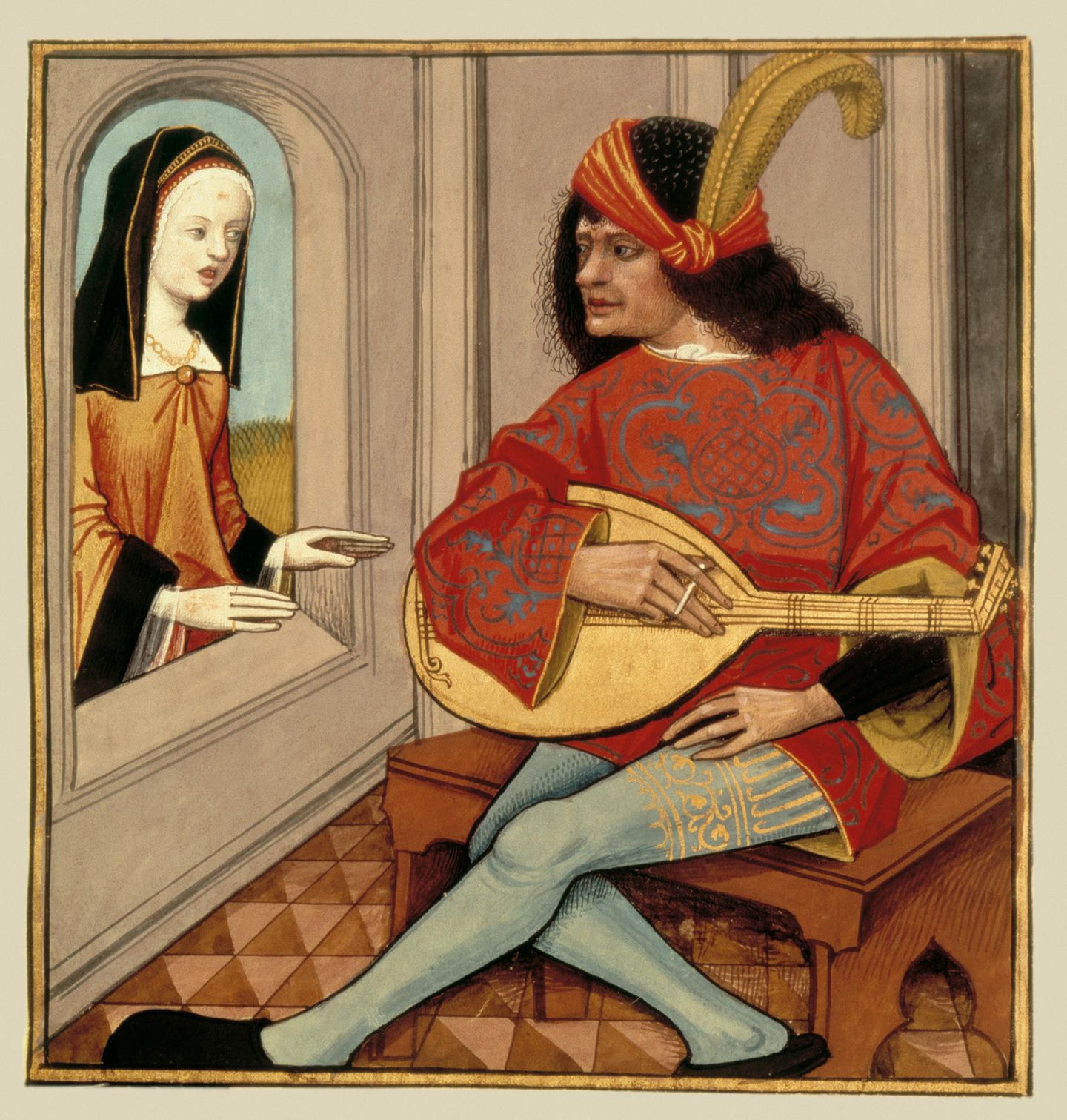 Ein Lautenspieler besingt eine Frau in dieser französischen Buchmalerei. Die Laute war in der Renaissance ein beliebtes Instrument, um den Gesang zu begleiten. 