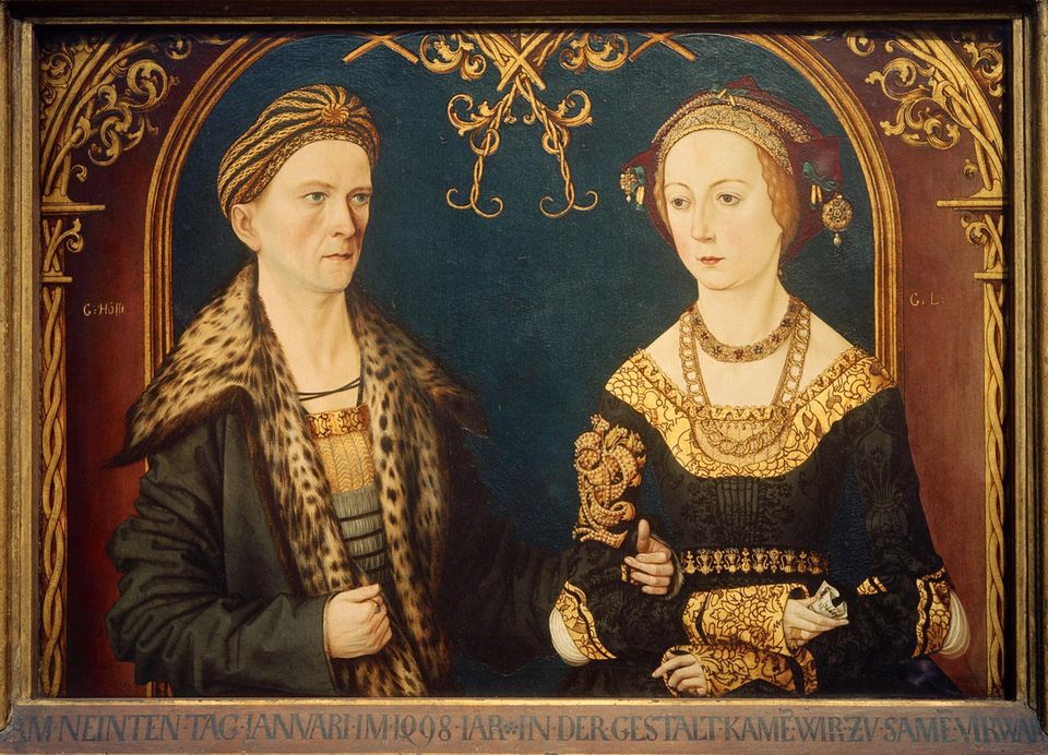 Zu ihrer Hochzeit ließen die reichen Kaufleute Jakob Fugger und Sybilla Artzt (um 1500) dieses Gemälde anfertigen. Als Statussymbol hält Sybilla Artzt ein Liedblatt in der Hand