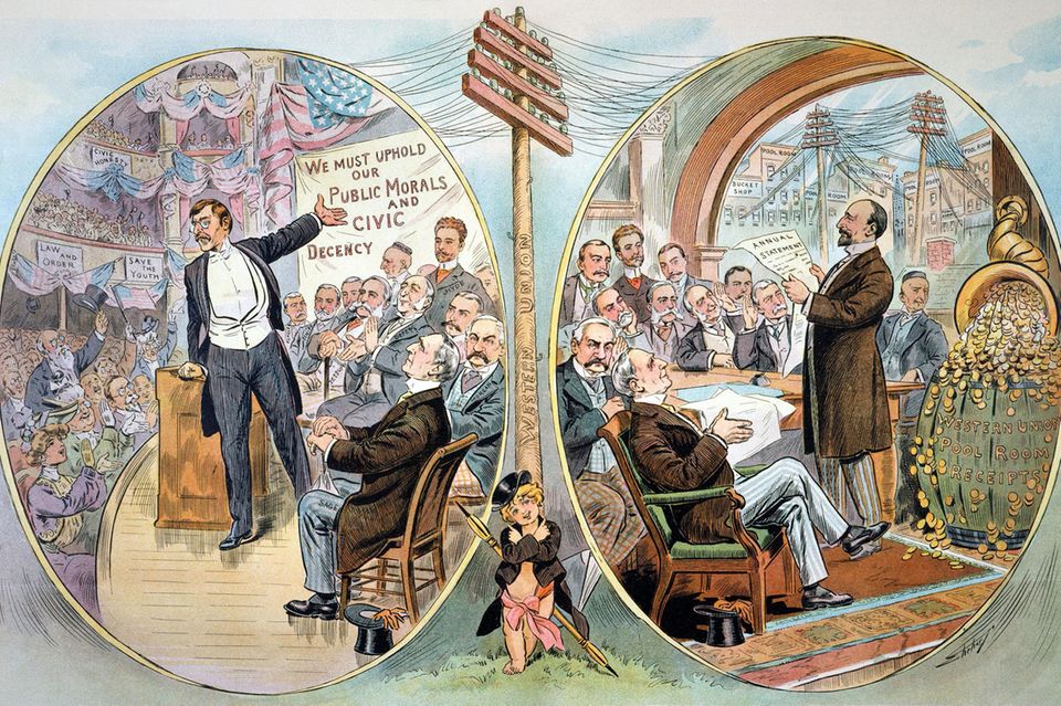 Doppelte Standards: Prominente Geschäftsleute wie J. P. Morgan und J. D. Rockefeller posieren auf der einen Seite für Moral und Anstand, während sie auf der anderen Profite aus Hinterzimmergeschäften und illegalen Finanztransaktionen einstreichen (US-Cartoon von 1904) 1.5375