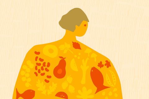Einfach gehaltene, abstrakte Illustration einer breit gebauten Person. gemalte Lebensmittel zieren Ihren Körper.