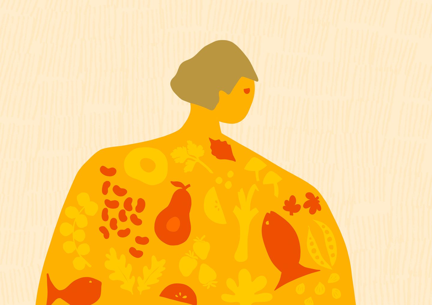 Einfach gehaltene, abstrakte Illustration einer breit gebauten Person. gemalte Lebensmittel zieren Ihren Körper.
