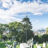 Friedhof auf einem Berg mit Blick auf auf die skyline von Manhattan