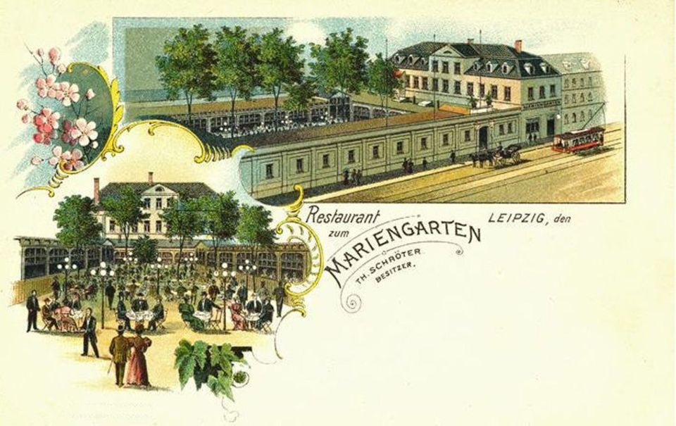 Zeichnung eines barock anmutenden Gasthauses mit einem von Arkaden umgebenen Biergarten Zeichnung eines barock anmutenden Gasthauses mit einem von Arkaden umgebenen Biergarten