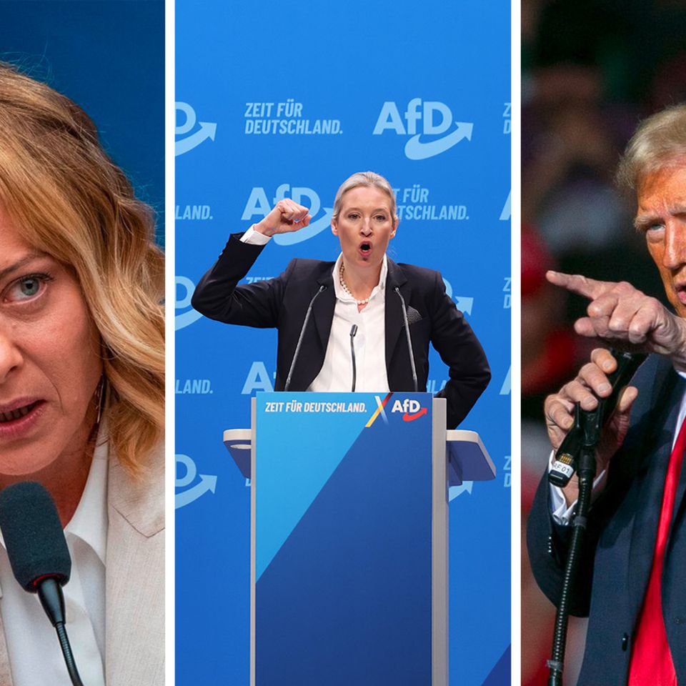 Bild in drei Teilen, von links nach rechts: Giorgia Meloni; Alice Weidel; Donald Trump