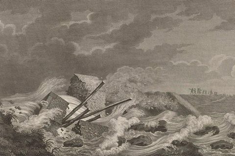 Bruch eines Damms nahe der niederländischen Küste währen der Großen Halligflut 1825