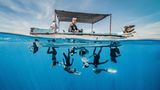 Wie eine Gruppe von Spidermen schweben diese Freitaucher kopfüber unter einem Boot im kristallklaren Wasser. Unterwasserfotografin Wan Yong Chong vereint in ihren Bildern die Eleganz menschlicher Bewegung mit der fließenden Schönheit des Meeres.
