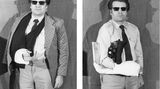 Mann mit Gipsarm und versteckter Fotokamera am Armwinkel
