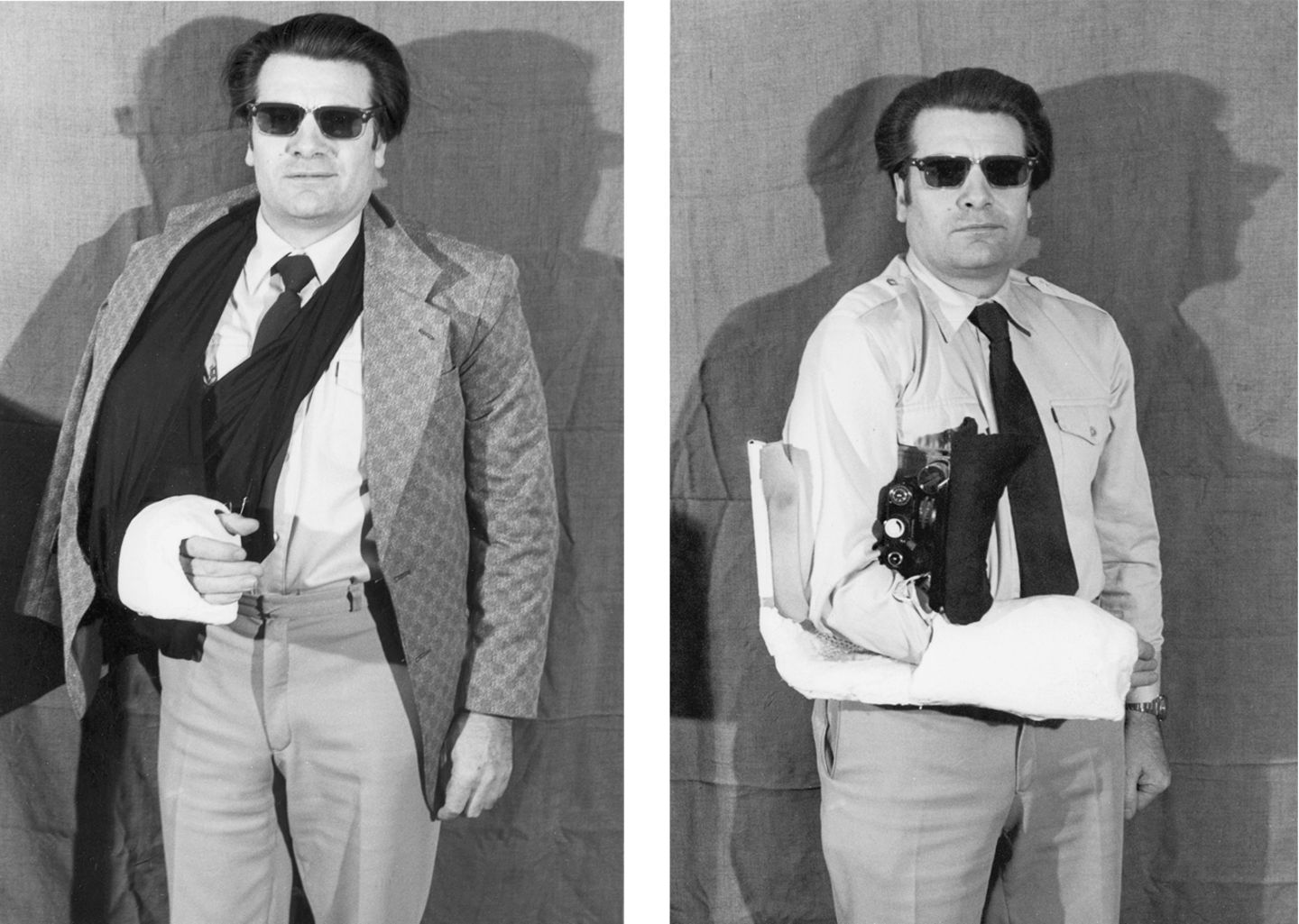 Mann mit Gipsarm und versteckter Fotokamera am Armwinkel