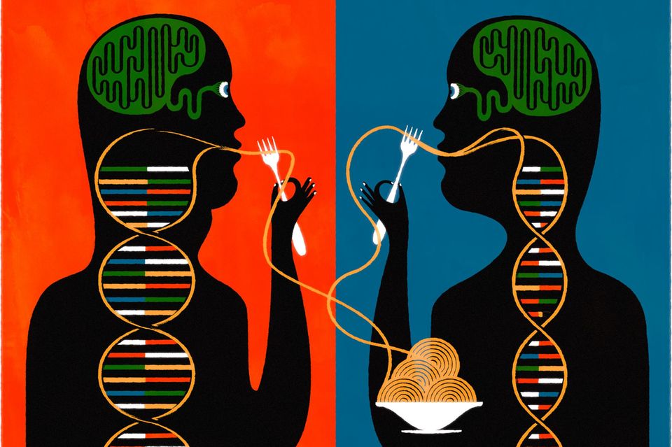 Illustration von zwei Menschen, die Spaghettis essen, die zu DNA-Strängen werden 1.4008