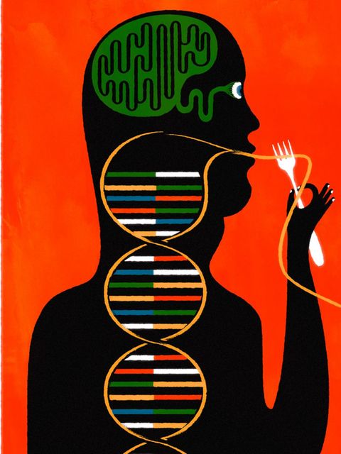 Illustration von zwei Menschen, die Spaghettis essen, die zu DNA-Strängen werden