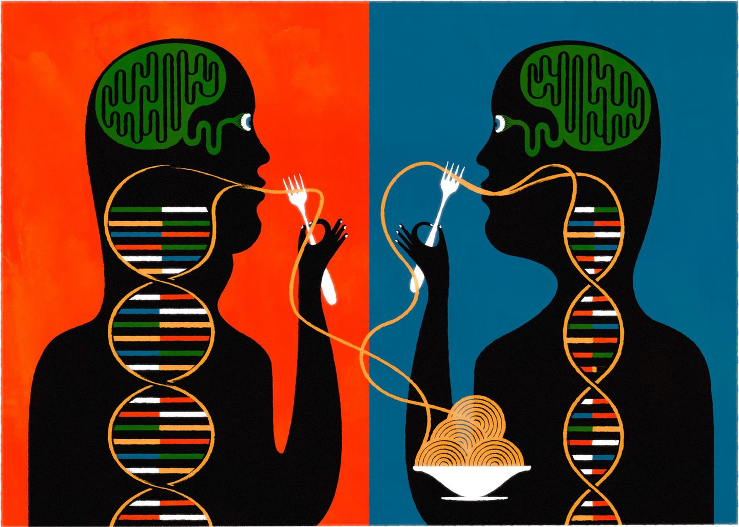 Illustration von zwei Menschen, die Spaghettis essen, die zu DNA-Strängen werden