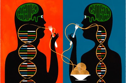 Illustration von zwei Menschen, die Spaghettis essen, die zu DNA-Strängen werden