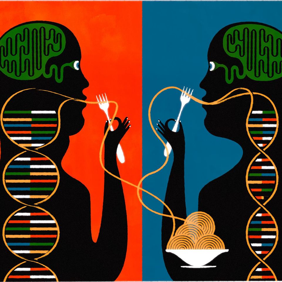 Illustration von zwei Menschen, die Spaghettis essen, die zu DNA-Strängen werden