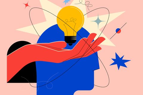 Creative mind or brainstorm or creative idea concept with abstract human head silhouette and hand holding bulb lamp surrounded abstract geometric shapes in bright colors. Vector eps 10 illustration