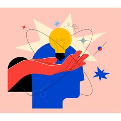 Creative mind or brainstorm or creative idea concept with abstract human head silhouette and hand holding bulb lamp surrounded abstract geometric shapes in bright colors. Vector eps 10 illustration