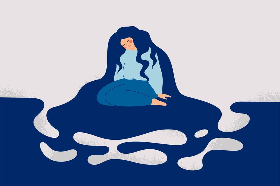 Auf einer Illustration ist eine niedergedrückte, jammernde Frauen zu sehen 1.3847