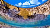 Auf der Insel Le Island in der Präfektur Okinawa, Japan, spiegeln sich bei Niedrigwasser Korallen an der Wasseroberfläche. Dank Fischaugenobjektiv konnte der Fotograf auch noch den Wolkenhimmel ins Bild holen.