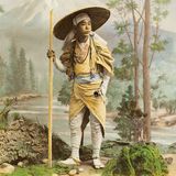 In vielen Fotostudios war eine mit dem heiligen Berg Fuji bemalte Hintergrundkulisse ein wichtiges Requisit, um die Modelle in einem japanischen Ambiente darzustellen. Dieses Bild stammt aus dem Studio von Kusakabe Kimbei, einem der bedeutendsten Fotografen des ausgehenden 19. Jahrhunderts in Japan, der sich auf Souvenirfotos für Touristen spezialisiert hatte. 