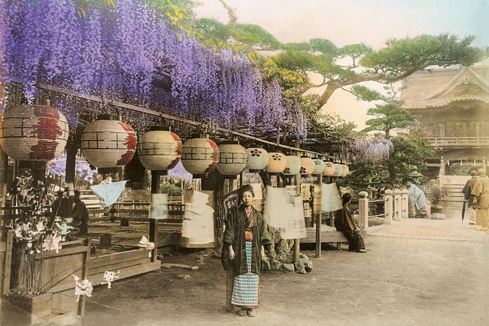 Der Kameido-Tenjin-Schrein wird auch als "Blumenschrein" bezeichnet. Im Spätwinter leuchtet er im Rosa der Pflaumenbäume und im Frühjahr schmücken ihn die bekannten violetten Glyzinien, die in vielen Kunstwerken abgebildet werden. Der Schrein ist dem Politiker Sugawara-no-Michizane aus dem neunten Jahrhundert gewidmet, der heute als Gott der Gelehrsamkeit gilt. Studierende begannen deshalb, dorthin zu pilgern und darum zu beten, dass sie ihre Prüfungen bestehen werden. Genau wie die dekorative Blumenpracht besteht diese Tradition auch heute noch.  1.3352