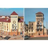 Zerstörtes Haus mit Uhrenturm