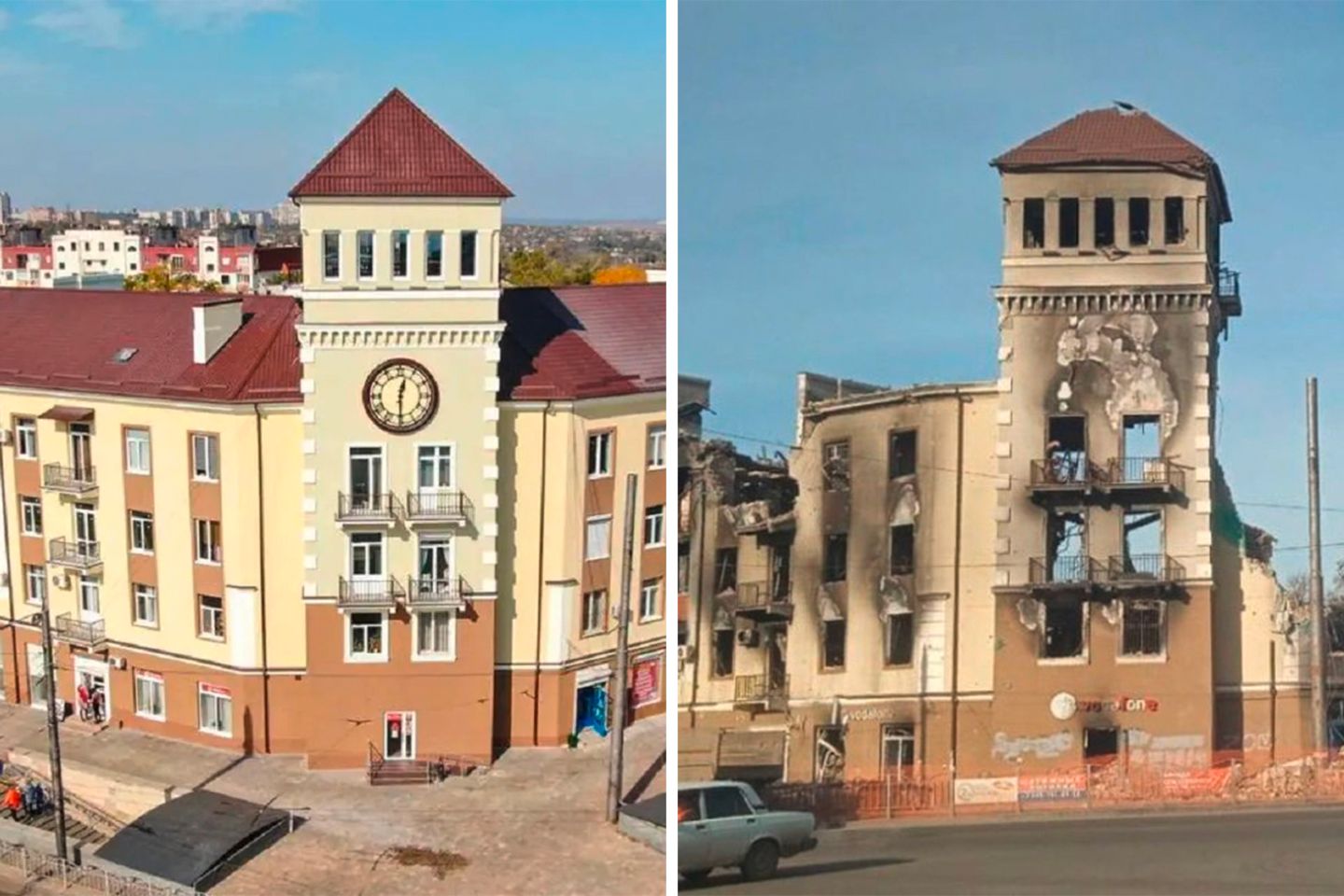 Uhrenhaus, Mariupol Zerstörtes Haus mit Uhrenturm