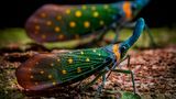 Bunte Schönheiten vor dunklem Hintergrund: Dieses Makrofoto zeigt zwei farbenprächtige Laternenfliegen, deren Körper mit Tupfen und Streifen aus leuchtenden Grün-, Orange- und Gelbtönen geschmückt sind.