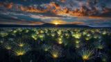 Während die Morgensonne über der Veadeiros-Hochebene aufsteigt, leuchten die Paepalanthus-Blumen im Licht der Sonnenstrahlen. Die seltenen Wildblumen finden sich in der Cerrado-Region im Herzen Brasiliens.