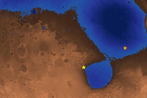 Ein hypothetisches Bild des Mars vor 3,6 Milliarden Jahren, als ein Ozean fast die Hälfte des Planeten bedeckt haben könnte. Der orangefarbene Stern stellt die Landestelle des chinesischen Rovers Zhurong dar. Der gelbe Stern ist die Landestelle des NASA-Rovers Perseverance, der einige Monate vor Zhurong gelandet ist 