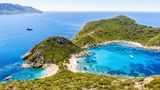 Korfu, Griechenland ,Strand Porto Timoni Beach mit türkisblauem Meer auf der Insel Korfu, Griechenland.