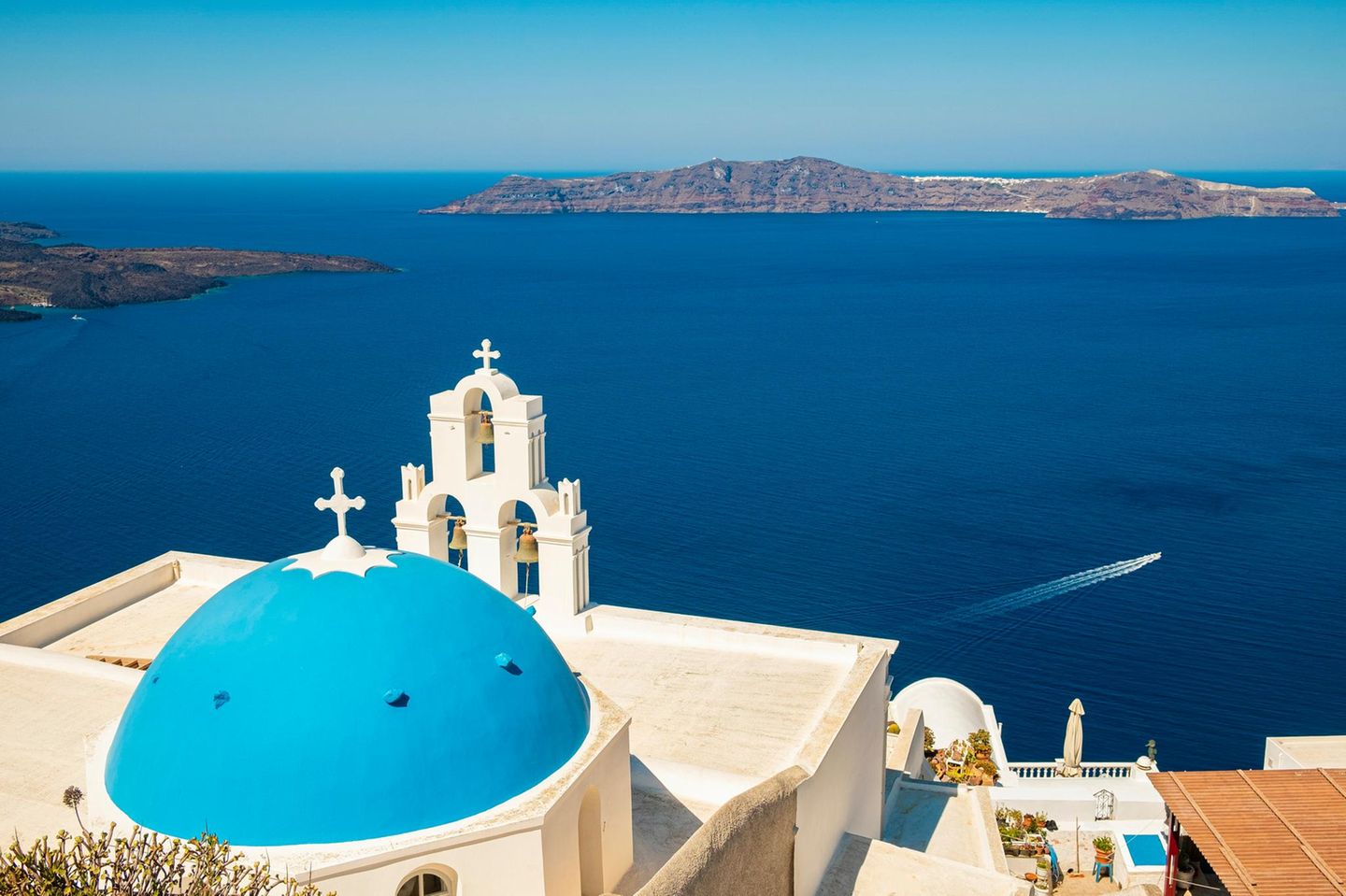 Greece, Cyclades, Santorini Island (Thera or Thira), the town of Fira, Catholic Church of the Blessed Virgin Mary or Three Bells (Assumption of the Blessed Virgin Mary Catholic Church-Three Bells)
