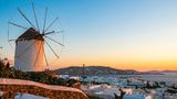 Greece, Cyclades, Mykonos Island, Windmill Boni overlooking the town of Chora