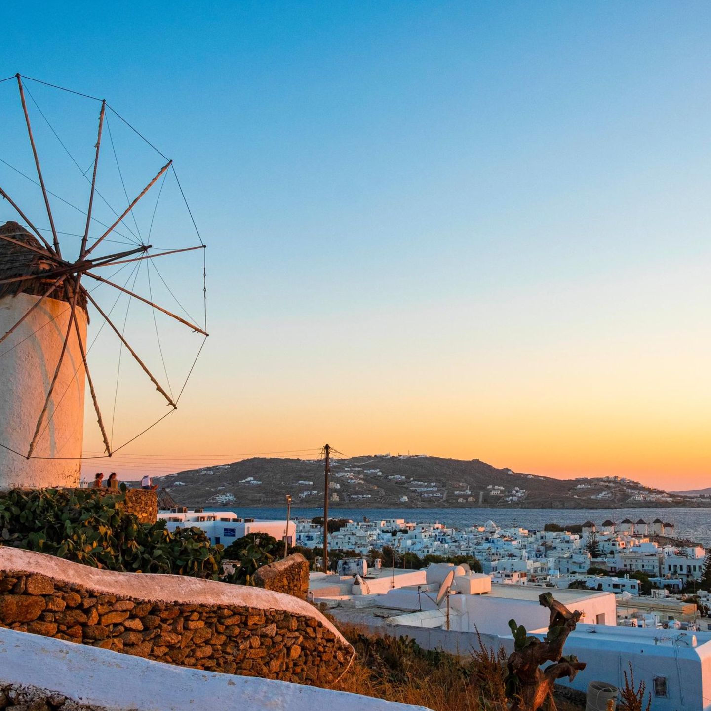 Greece, Cyclades, Mykonos Island, Windmill Boni overlooking the town of Chora