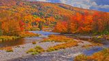 Canada, Nova Scotia, Cape Breton Island. The North River and forest in autumn foliage.