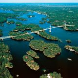 Aerial viea of the International Bridge, that links Canada with the United States of America, Saint Lawrence Islands National Park, Ontario, Canada.