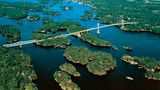 Aerial viea of the International Bridge, that links Canada with the United States of America, Saint Lawrence Islands National Park, Ontario, Canada.
