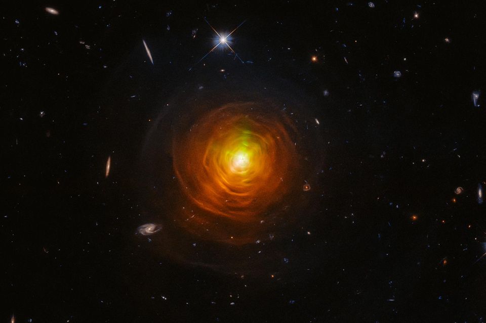 Wie orange-rote "Spinnweben" umhüllen Staubwolken CW Leonis, den von der Erde nächstgelegenen Kohlenstoffstern. Die Wolken sind aus den äußeren Schichten des Sterns entstanden, die in die tiefschwarze Leere geschleudert wurden. Der Staub liefert das Rohmaterial für die Bildung zukünftiger Sterne und Planeten. Alles bekannte Leben auf der Erde ist um das Kohlenstoffatom herum aufgebaut 1.1255