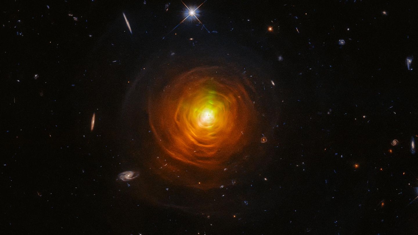 Wie orange-rote "Spinnweben" umhüllen Staubwolken CW Leonis, den von der Erde nächstgelegenen Kohlenstoffstern. Die Wolken sind aus den äußeren Schichten des Sterns entstanden, die in die tiefschwarze Leere geschleudert wurden. Der Staub liefert das Rohmaterial für die Bildung zukünftiger Sterne und Planeten. Alles bekannte Leben auf der Erde ist um das Kohlenstoffatom herum aufgebaut