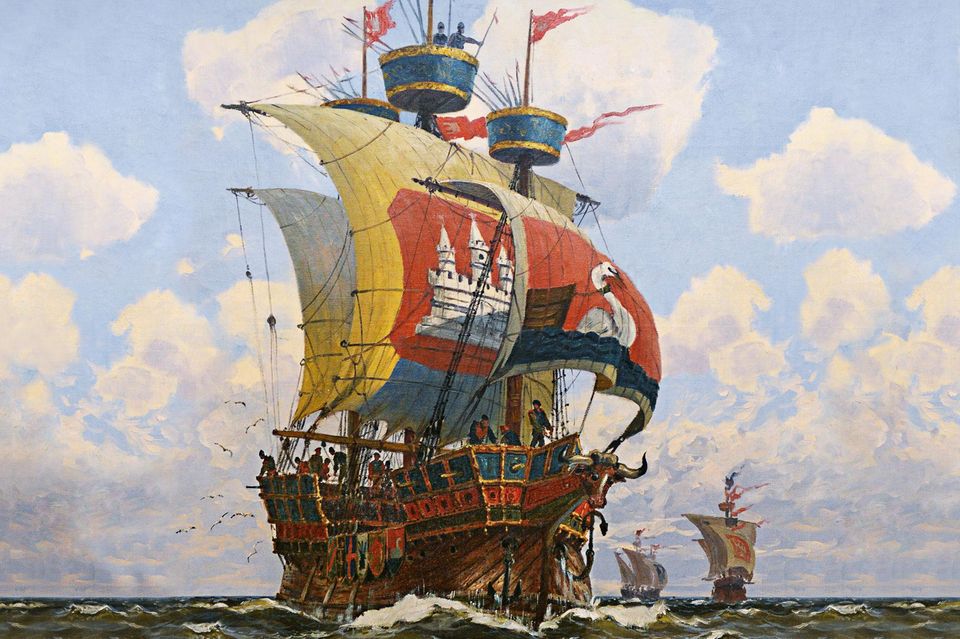Die Hanse schafft einen gesamteuropäischen Markt – und verändert so den Kontinent. Das Gemälde "Bunte Kuh", gemalt von Hans Bohrdt um 1901, zeigt das gleichnamige hansische Flaggschiff, das Klaus Störtebeker gefangen nahm 0.8887