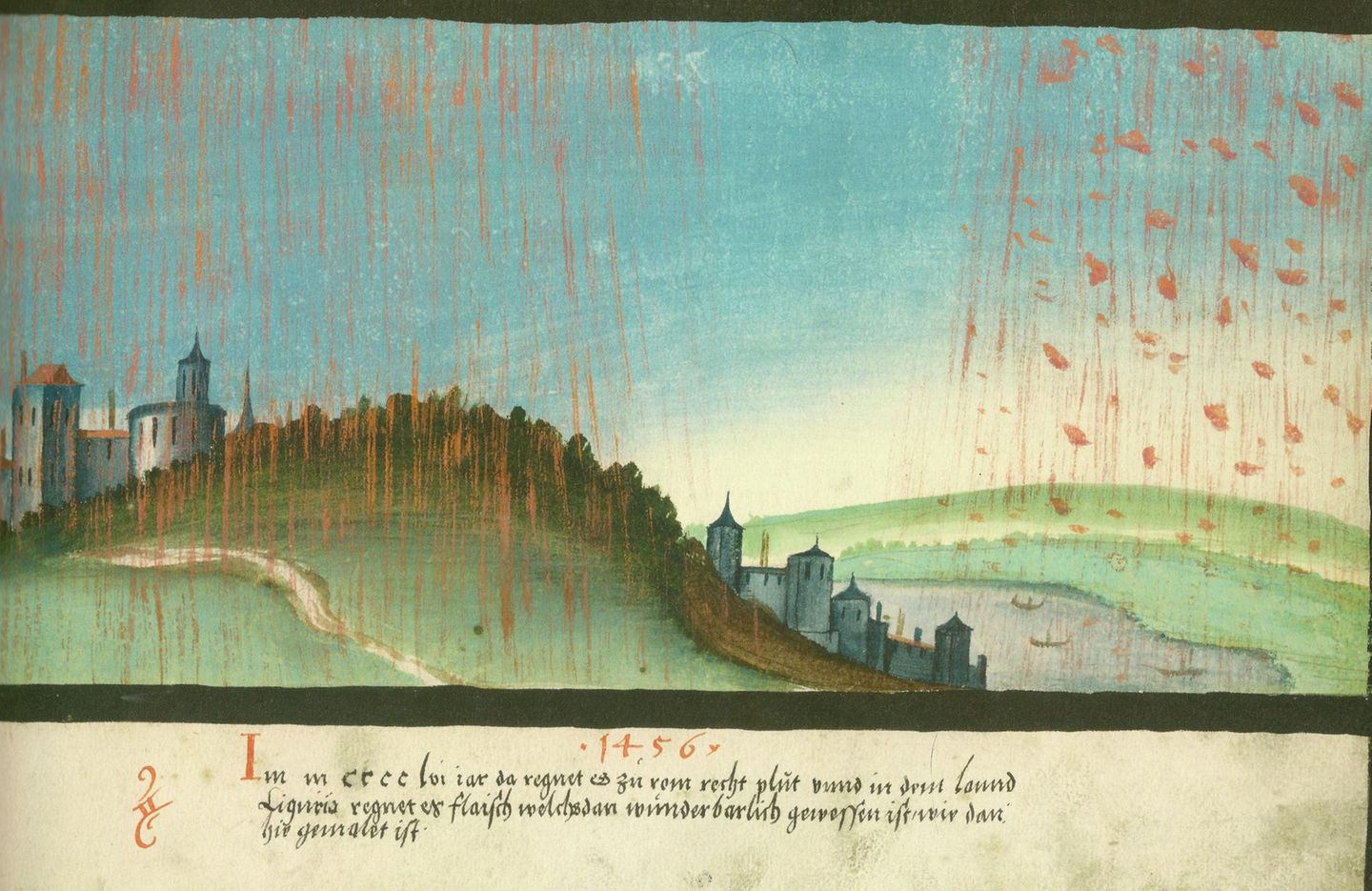 Blut vom Himmel Tropfen in roter Farbe gehen auf Landschaft nieder