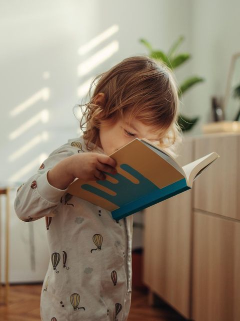Ein Kleinkind hält ein offenes Buch in der Hand und schaut hinein